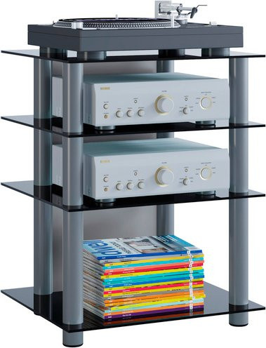 VCM HiFi-Möbel Bilus Phono Mediaregal mit Alusäulen und ESG-Glasböden, Silber/Schwarz, H x B x T: 70 x 59 x 48 cm - Bild 1