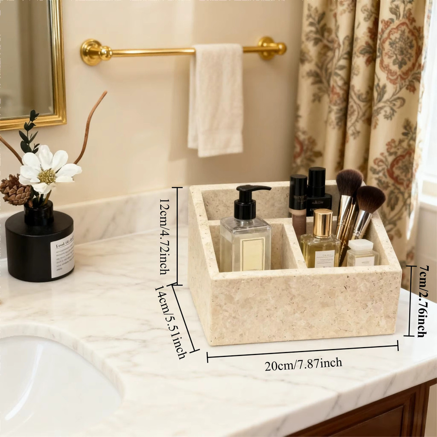 Mehrschichtiges Organizer-Tablett aus beige Travertin-Marmor mit Fächern für Make-up und Bürobedarf - Bild 3