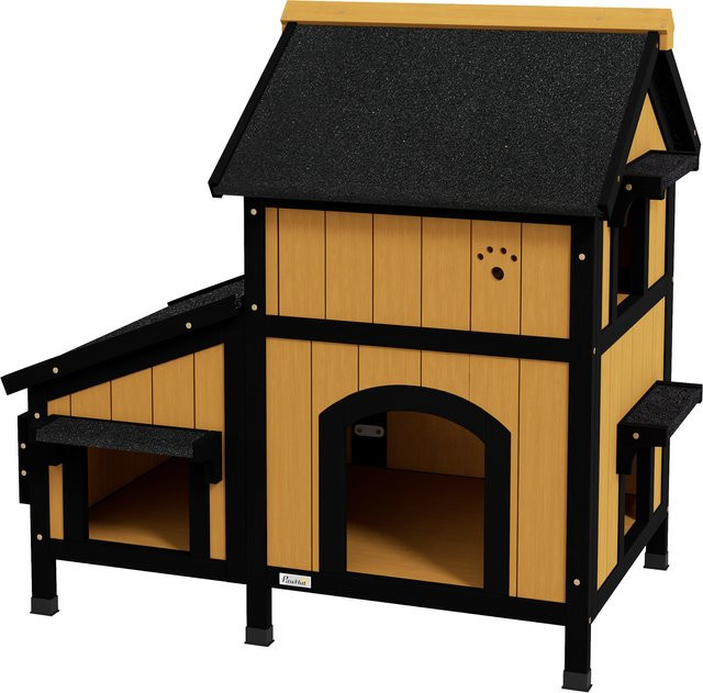 PawHut Katzenhaus aus Tannenholz in Gelb mit 2 Etagen, wetterfestes Katzenhaus für draußen mit Asphaltdach und Blumenkasten, B/T/H: 96 x 65 x 85,5 cm - Bild 1