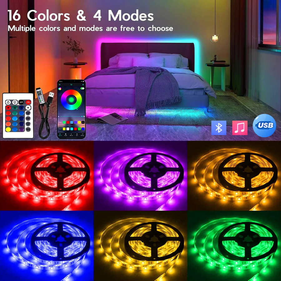 RADFAST RGB 5050 LED-Lichtstreifen mit Infrarot-Fernbedienung und USB-Anschluss, Multicolour, Schwarz - Bild 4