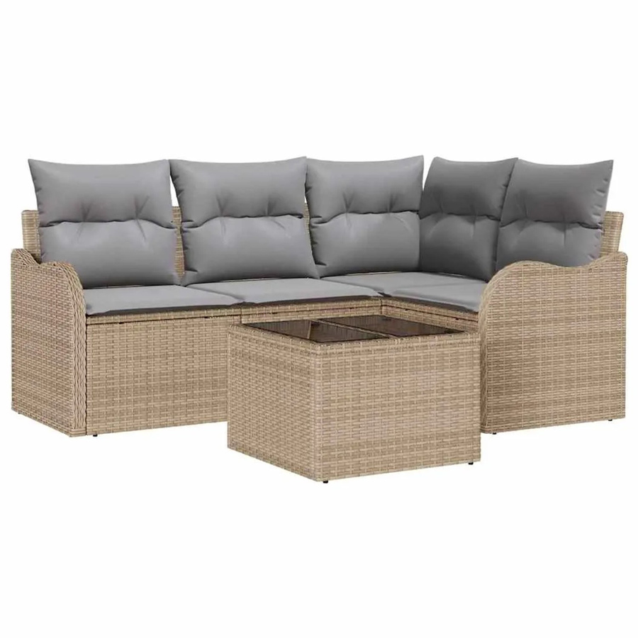 vidaXL Garten-Sofa-Set aus Poly Rattan in Beige mit Kissen, 5-teiliges L-Shape Lounge-Set mit UV-beständigen Polstern - Bild 2