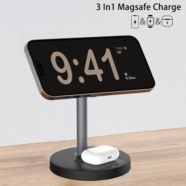 VIKEFON 3-in-1 magnetisches kabelloses Ladegerät mit verstellbarem Ständer für iPhone, iWatch und AirPods Pro in Schwarz und Weiß - Bild 1