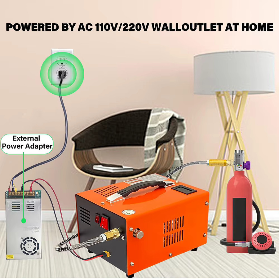 Podofo Tragbarer PCP-Luftkompressor 4500Psi 30Mbar in Orange, 280W, 12V DC/220V AC, Ölfrei und Wasserfrei mit manuellem Stopp und externem Stromadapter - Bild 4