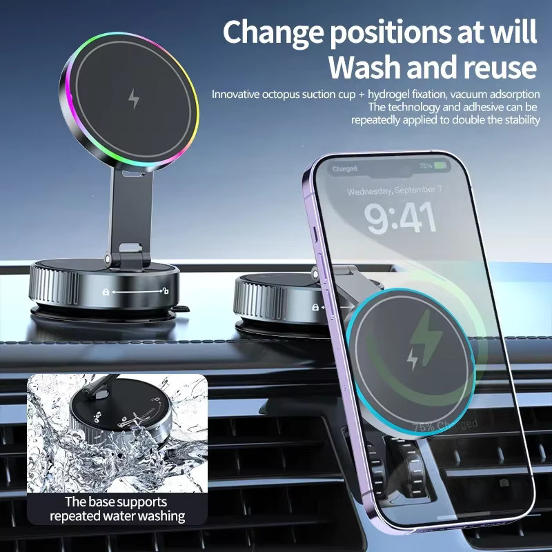 Kebidumei Magnetische kabellose Auto-Ladegerät Halterung mit Kühlung und Saugnapf in Schwarz für iPhone 15 14 13 Pro via USB-C - Bild 2