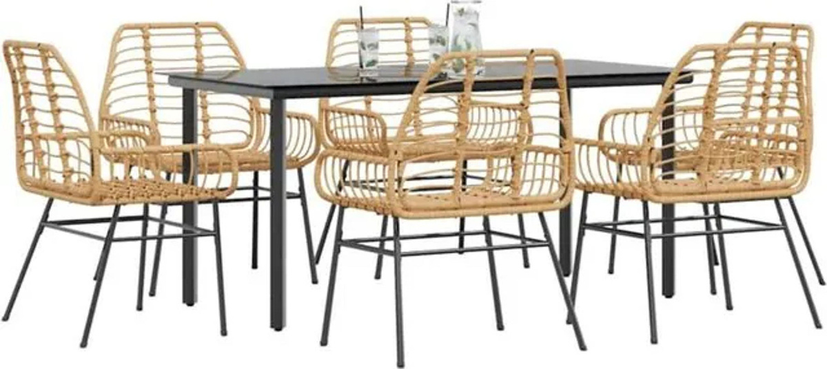 7-teiliges modernes Garten-Esszimmerset aus braunem Polyrattan mit Glasplatte von vidaxl - Bild 1