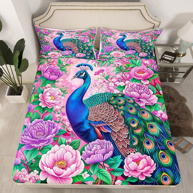 Spannbettlaken und Bettwäsche-Set mit Pfau und Aquarell-Schmetterling für Kinder und Mädchenzimmer, inklusive Bettdecke und Kissenbezügen, Maße: 90 x 200 cm - Bild 1