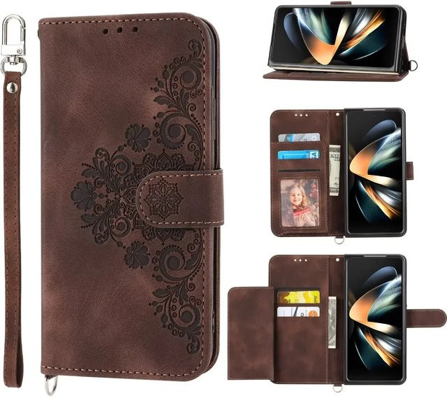 Leder-Brieftasche mit Lanyard und Scharnier als Crossbody-Hülle für Samsung Galaxy Z Fold 7 6 5 4 3 5G in Pink oder Braun - Bild 1