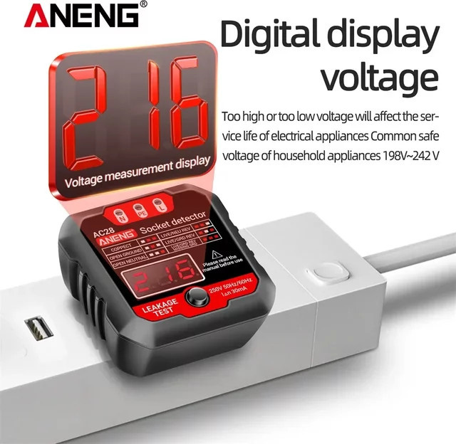 ANENG Steckdosentester mit Digitalanzeige für US und EU Stecker, Multifunktions-Spannungsprüfer und Polaritäts- sowie Phasenprüfer, Schwarz - Bild 1