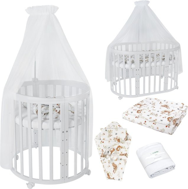 Waldin Babybett OWAL 7in1 Kinderbett aus Buchenholz mit Matratze, mitwachsendes Kinderbett, lackiert - Bild 1