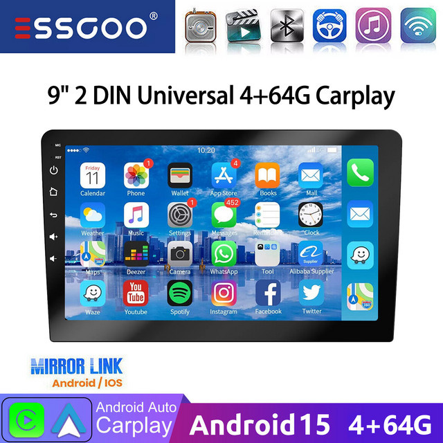 ESSGOO 9-Zoll 2-DIN Autoradio in Schwarz mit kabellosem CarPlay, Android Auto, Bluetooth, WLAN und GPS-Navigation (4+64GB) - Bild 1