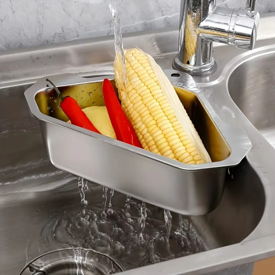 FEB.WIND Abtropfkorb aus Edelstahl in Silber für Waschbecken und Wasserhahn, dreieckiges Eckregal zur Aufbewahrung von Seife und Gemüse - Bild 3
