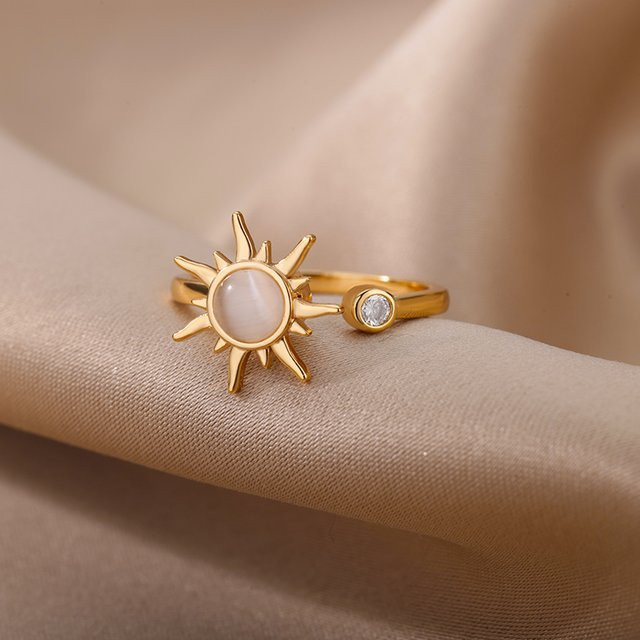 Anti Stress Angst Ring, Edelstahl, Sonne Anhänger, Damen, Gold - Bild 1