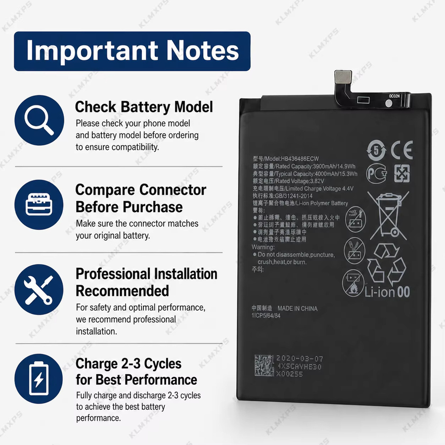 HB436486ECW Li-Polymer Akku 4000mAh 3,82V in Schwarz für Huawei Mate 10 Pro, P20 Pro, Honor 20 Pro, View 20, Nova 5Z und 5i Pro Reparatur-Set - Bild 3