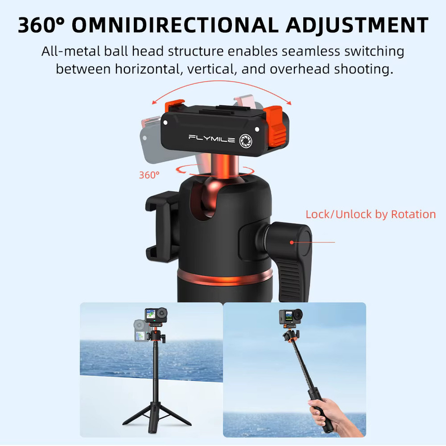 Flymile Action 6 ausziehbarer Stativ-Selfie-Stick mit Schnellverschlussbasis für DJI OSMO Action 6 Zubehör, Vlog-Griff, Schwarz - Bild 2