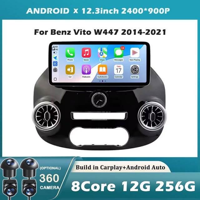 KJ-NAVI Android 15 Autoradio mit 12,3 Zoll Display für Mercedes Benz Vito W447 2014-2021, Stereo Empfänger mit GPS Navigation, DSP und Carplay, Schwarz - Bild 1
