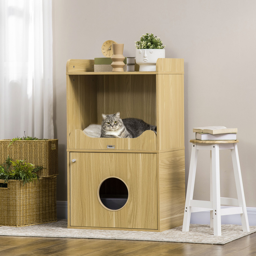 PawHut Katzenklo als Katzenstreu-Möbel und Aufbewahrungsschrank mit 3 Ebenen, Fach mit Tür und Kissen, Beige/Braun, B/T/H: 60 x 45 x 103 cm, Aosom - Bild 2