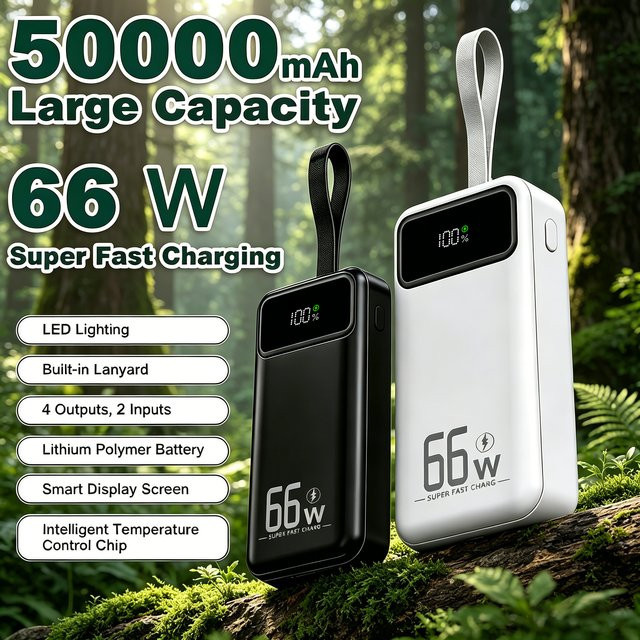 Tragbare 50000-mAh-Powerbank in Weiß mit LED-Leistungsanzeige, integrierter Beleuchtung und mehreren Schnittstellen zum gleichzeitigen Laden verschiedener Geräte - Bild 1