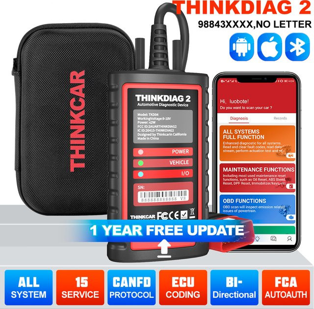 THINKCAR ThinkDiag 2 OBD2-Diagnosetool mit CANFD-Protokoll, bidirektionalem Scanner und ECU-Codierung in Schwarz - Bild 1
