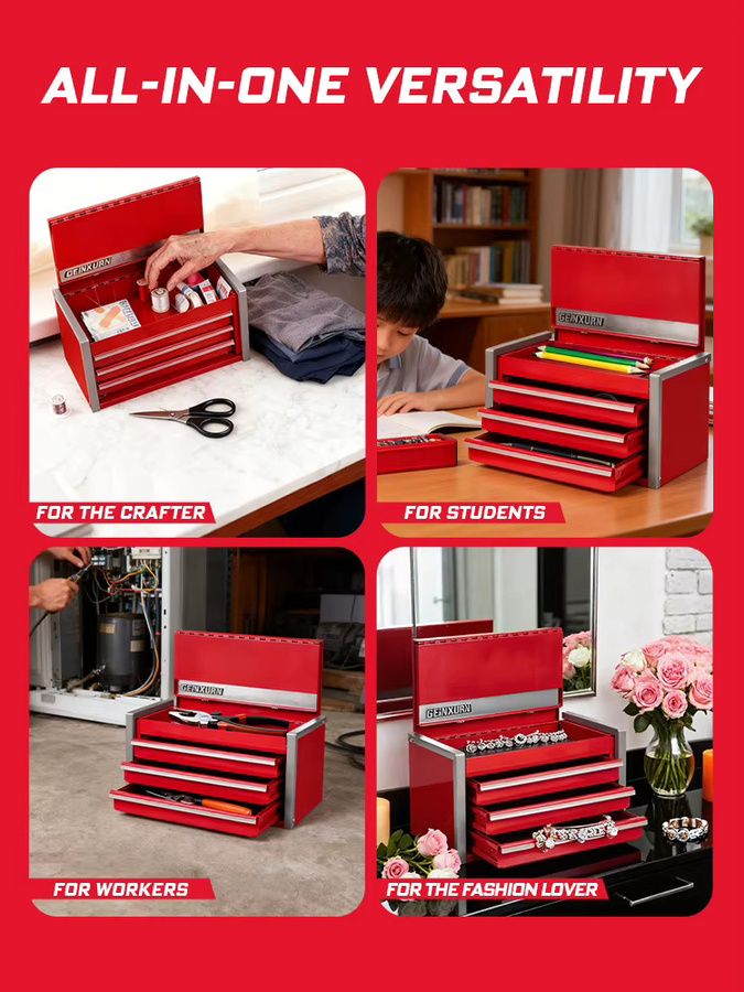 Geinxurn Mini-Werkzeugkasten aus Stahl in Rot, tragbarer und stapelbarer Werkzeugkoffer mit magnetischer Verriegelung, B/T/H: 32,2 x 21,5 x 11,7 cm - Bild 6