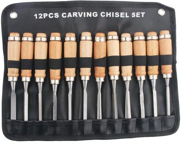 WTEMPO 12-teiliges Schnitzmeißel-Set aus Edelstahl mit Tragetasche, Farbe: Beige/Mehrfarbig - Bild 1