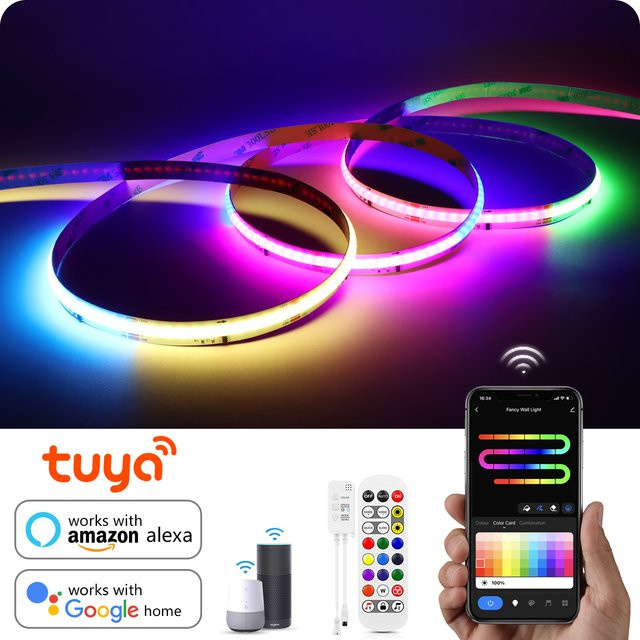 CHNAITEKE Tuya Smart WIFI RGBIC COB LED Streifen, adressierbarer WS2811 IC Neon LED Lichtstreifen in Multicolour, 12V mit App-Steuerung für Alexa und Google Assistant - Bild 1