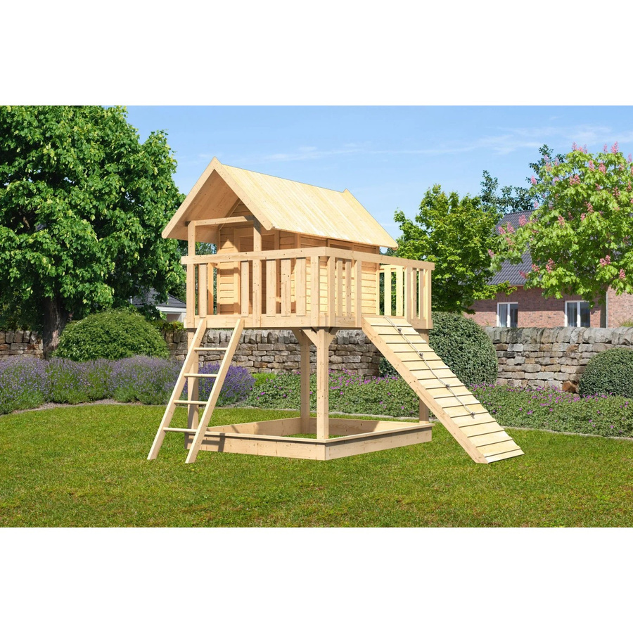 Karibu Stelzenhaus Fidel Holzrampe in Natur-Braun, B/H/T: 198 x 329,5 x 243 cm - Bild 2