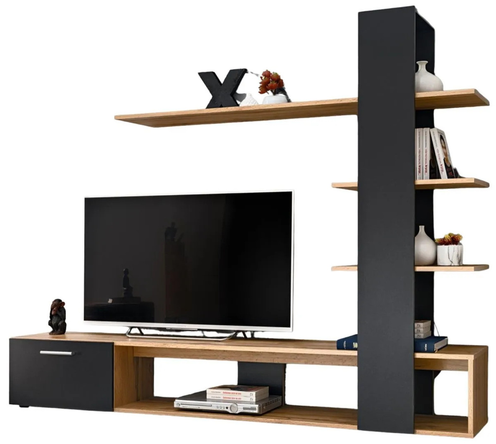 Wohnwand Furn.Design in Schwarz und Wotan Eiche, Lowboard mit offenen Regalen und Türen, Breite: 190 cm - Bild 4