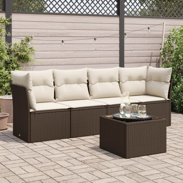 vidaXL 5-tlg Garten-Sofagarnitur in L-Form aus braunem Polyrattan mit Kissen und pulverbeschichtetem Stahlgestell - Bild 3