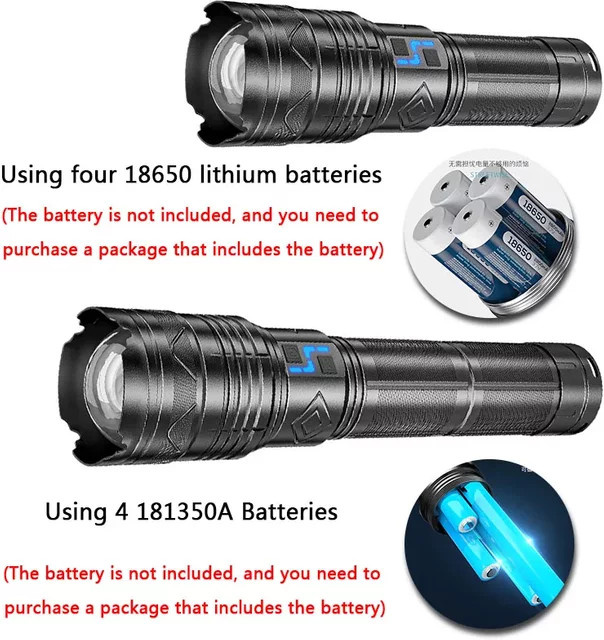 ESMARTER GT60 Taktische LED-Taschenlampe in Schwarz mit 20000 Lumen und 100 W Leistung, USB-wiederaufladbar mit 4 Batterien - Bild 1