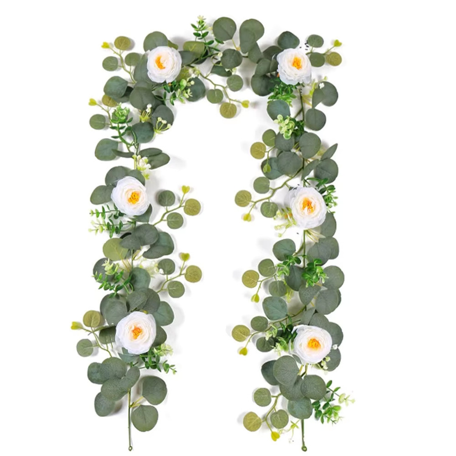 Kmitang Künstliche Eukalyptusranken mit weißen Rosen und Apfelblättern aus Rattan-Seide, Dekoration für Hochzeit und Zuhause, Länge: 175 bis 180 cm - Bild 4