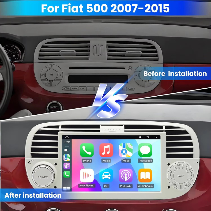 XFY Android 14 Autoradio mit Wireless CarPlay für FIAT 500 Abarth 2007 bis 2015, 2Din Multimedia-Bildschirm mit GPS, Bluetooth und Wi-Fi in Schwarz und Silber - Bild 2