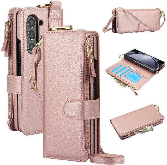 Umhängetasche Handyhülle aus PU Leder für Samsung Galaxy Z Fold 6 5 4 3 5G mit Kartenfach und Ringhalter in Pink - Bild 1