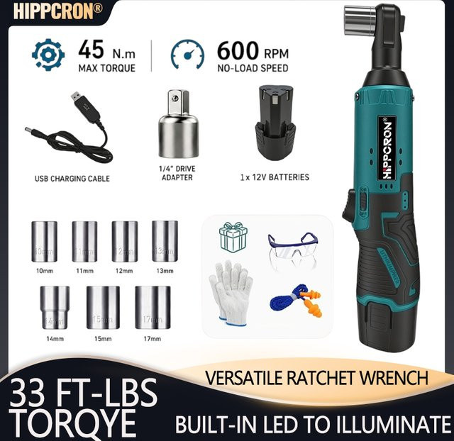 Hippcron 12V Kabelloser Elektrischer Ratschenschlüssel mit 3/8-Zoll-Ratschenwerkzeug-Set, USB-Ladegerät und LED-Licht - Bild 1