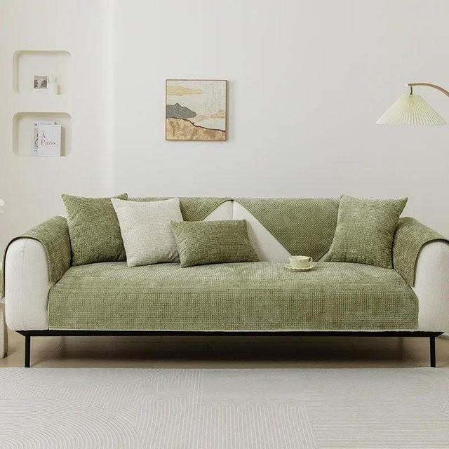 Rutschfester Chenille Sofabezug in Grün für L-förmige Couchkissen, B/H: 50 x 30 cm - Bild 1