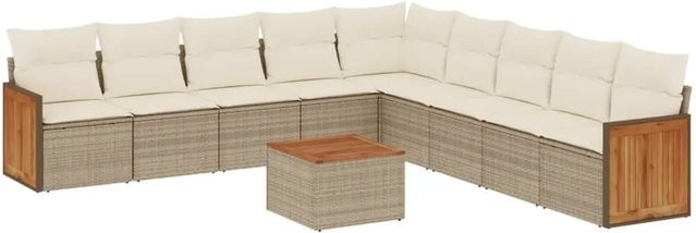 vidaXL 10-tlg. Garten-Sofagarnitur in L-Form aus Poly-Rattan und Akazienholz mit Kissen in Beige-Creme - Bild 1