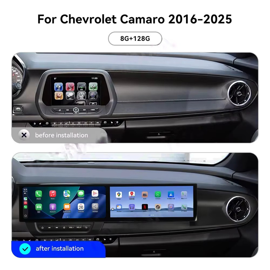 YANFU Dual Bildschirm Multimedia Player für Chevrolet Camaro 2016 - 2025 mit 12,3 Zoll Display, Android 13,0, Carplay, GPS Navigation und Stereo Kopf Einheit in Schwarz - Bild 2