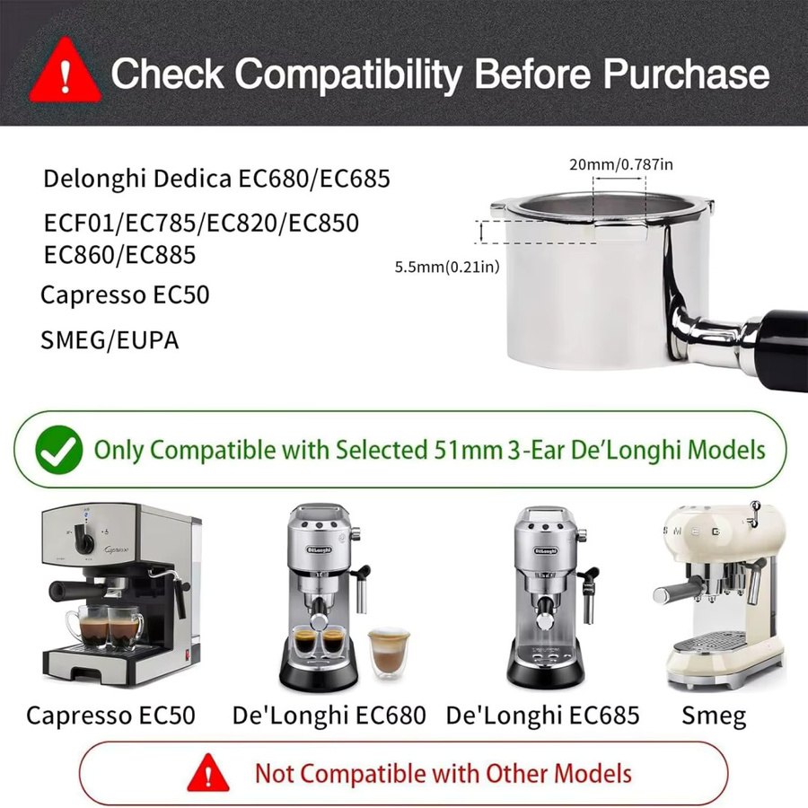 Bodenloser Siebträger mit 14g Filterkorb in Silber für DeLonghi Dedica EC680 EC890 EC820 EC900 und SMEG, 51mm - Bild 2