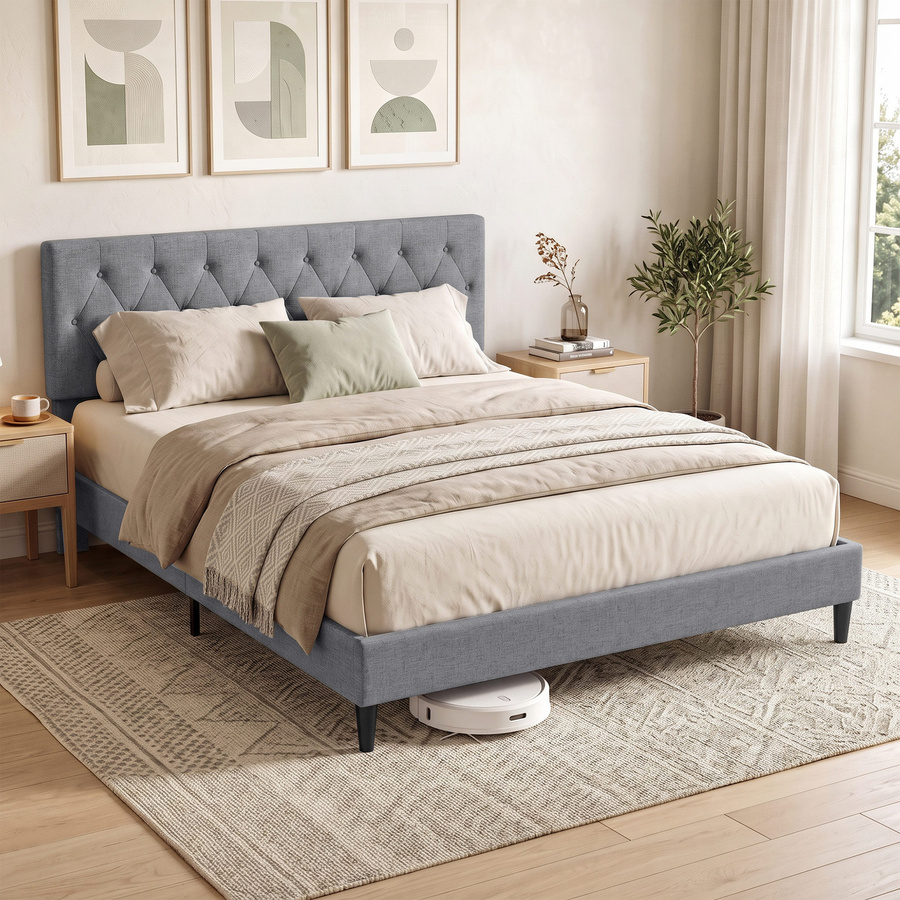 HOMCOM Gepolstertes Doppelbett mit Lattenrost und Kopfteil in Grau, B/T: 140 x 190 cm - Bild 2