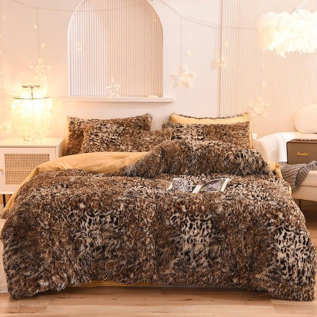 3-teiliges Bin Chi Textiles Bettbezug-Set mit Leopardendruck aus weichem Kunstfell in Braun, B/H: 160 x 220 cm - Bild 1