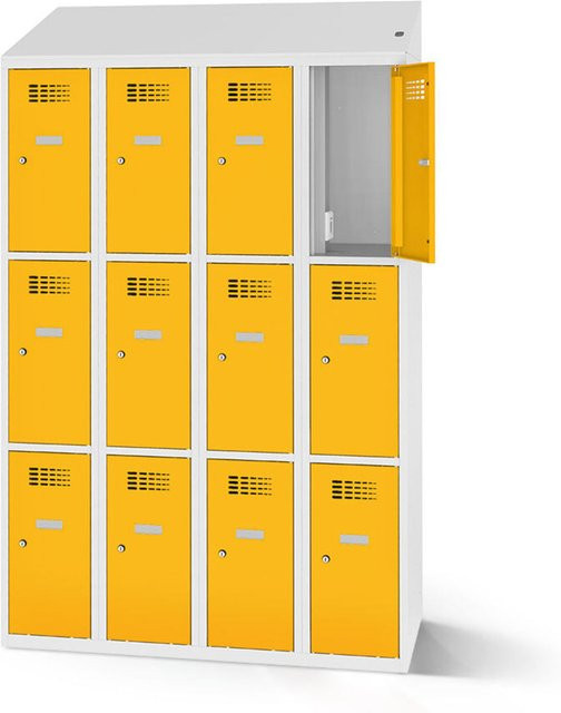 rotstahl Fächerschrank mit Ladefunktion und 12 Fächern (4x3), gelb mit lichtgrauem Korpus, B: 120 cm, H: 200 cm - Bild 1
