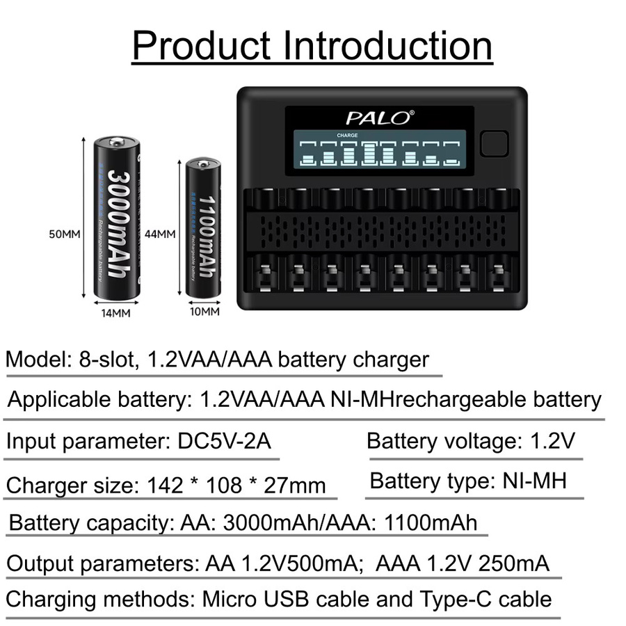 PALO Wiederaufladbares Batterieladegerät-Set in Schwarz mit 8 Slots und AA 3000mAh sowie AAA 1100mAh Akkus - Bild 2