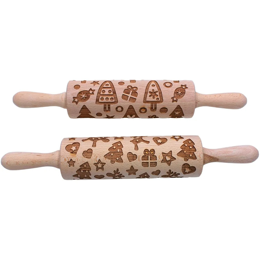 2er Set Holz Teigroller von Dekohelden24 mit 2 Motiven für Spekulatius und Plätzchen, Braun, B/H/T: 37 x 6 x 6 cm - Bild 2