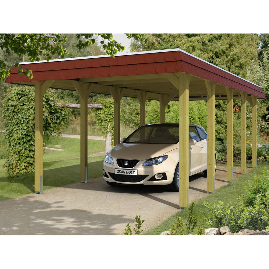 Skan Holz Carport Spreewald aus Nadelholz mit roter Blende und Regenrinne, B/T/H: 741 x 345 x 241 cm - Bild 2