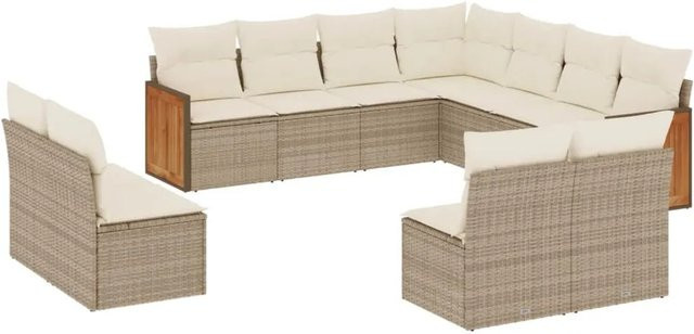 vidaXL 11-tlg. Garten-Sofagarnitur in U-Form aus Polyrattan und Akazienholz mit Kissen, Beige - Bild 1