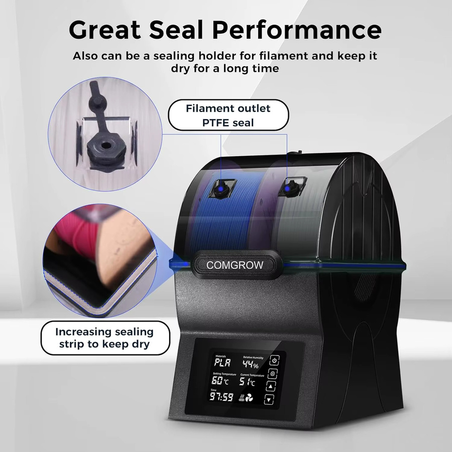 Comgrow SH02 Filament-Trocknerbox mit PTC-Schnellheizung und Touchscreen, Versiegelte Aufbewahrung für PLA PETG TPU ABS, Schwarz - Bild 4