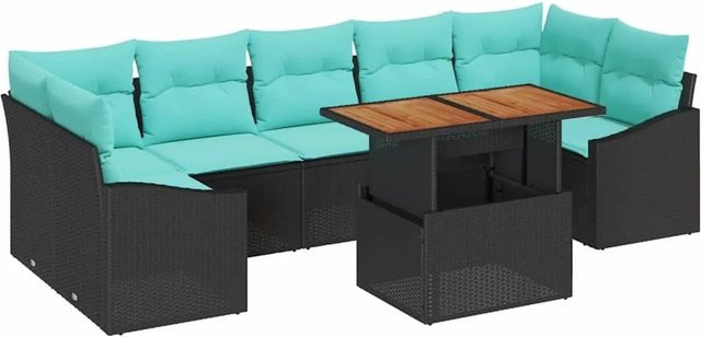 vidaXL Garten Essgruppe 8-teilig aus Poly-Rattan, Stahl und Akazienholz in Schwarz und Türkis mit Kissen - Bild 1