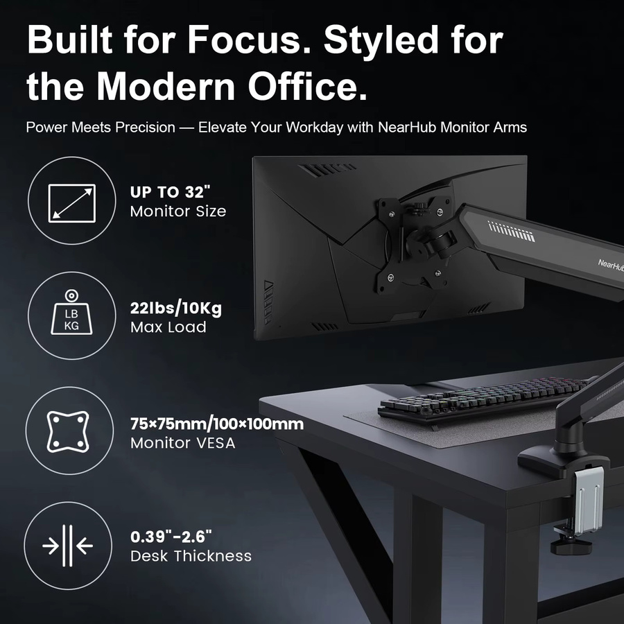 NearHub Einzelmonitor-Arm-Montagehalterung für 13–32 Zoll Bildschirme bis 9 kg, voll bewegliches Gelenkstativ mit C-Klemme, Schwarz-Grau - Bild 3