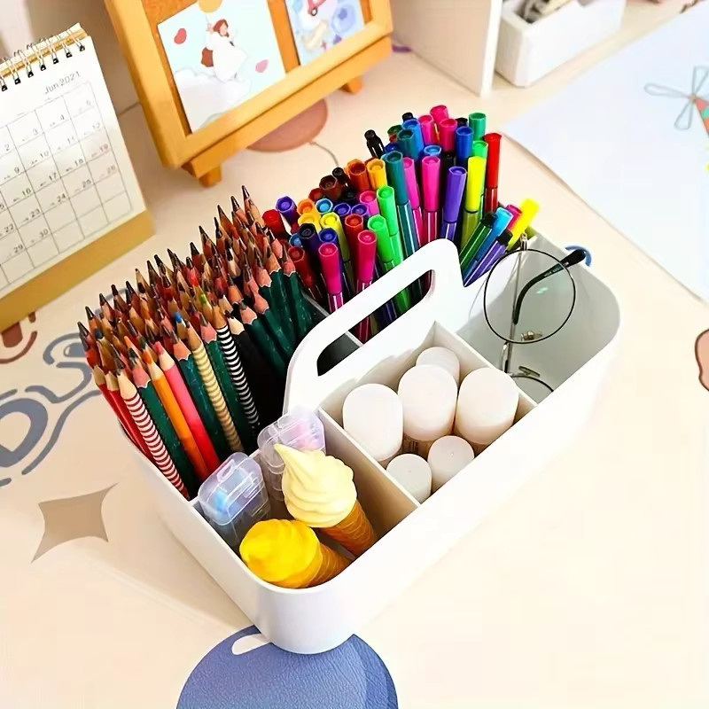 Bunter Aufbewahrungskorb aus Kunststoff mit 5 Fächern und Griff als tragbarer Büro-Schreibtisch-Organizer für Schreibwaren in Weiß und Multicolour - Bild 2