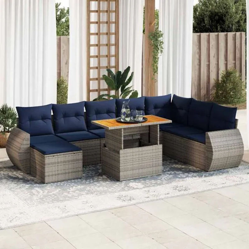 9-tlg. modulare Garten-Sofagarnitur mit Polyrattan und Kissen in Grau und Blau von vidaxl - Bild 1