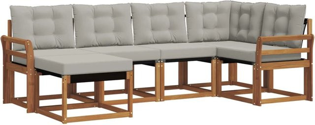 vidaXL Outdoor-Sofagarnitur 6-teilig L-Form aus Akazienholz und Textilene in Natur und Grau mit Kissen - Bild 1